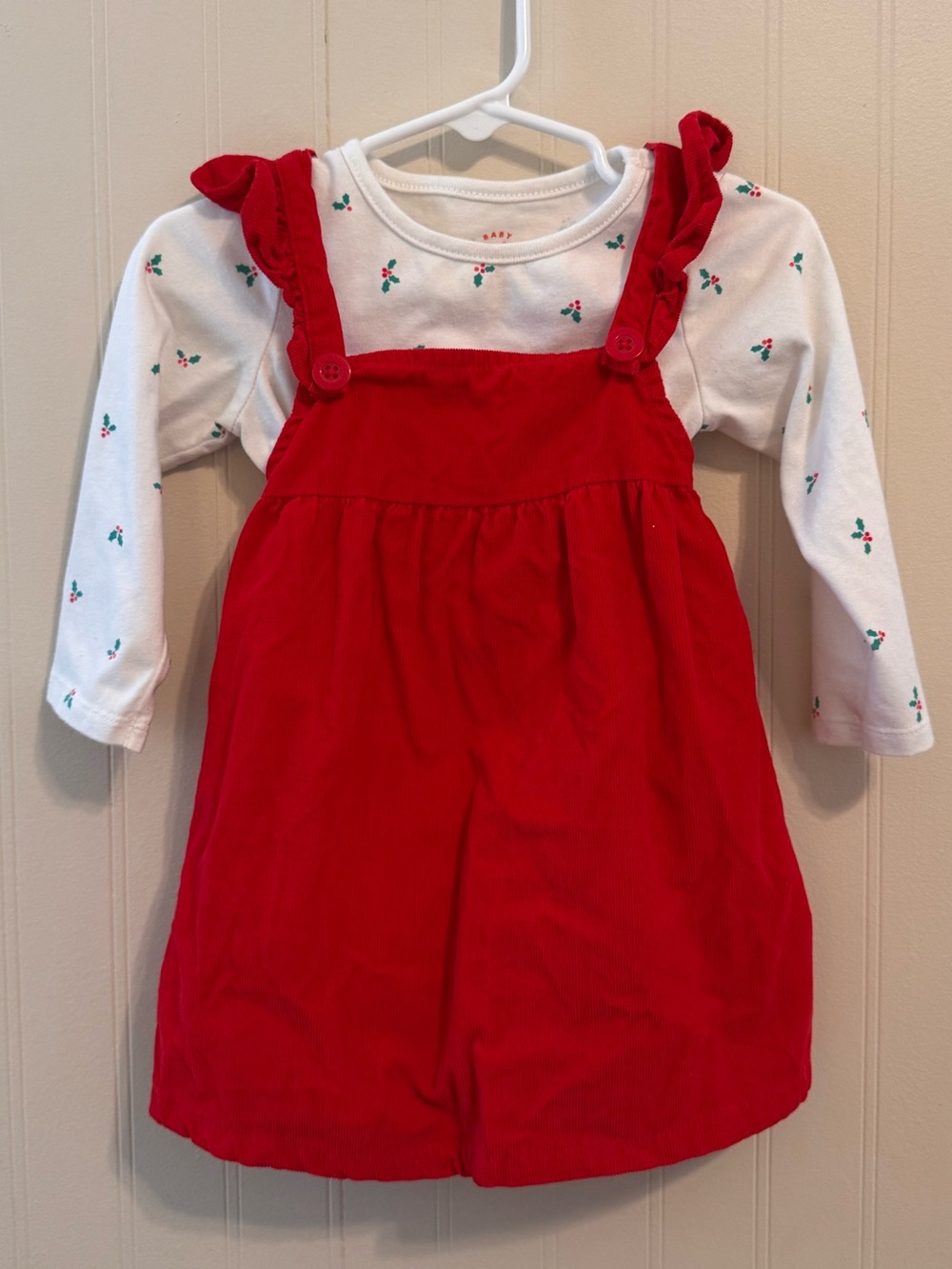 Cat & Jack Red Pinafore Dress with White Holly-Print Onesie